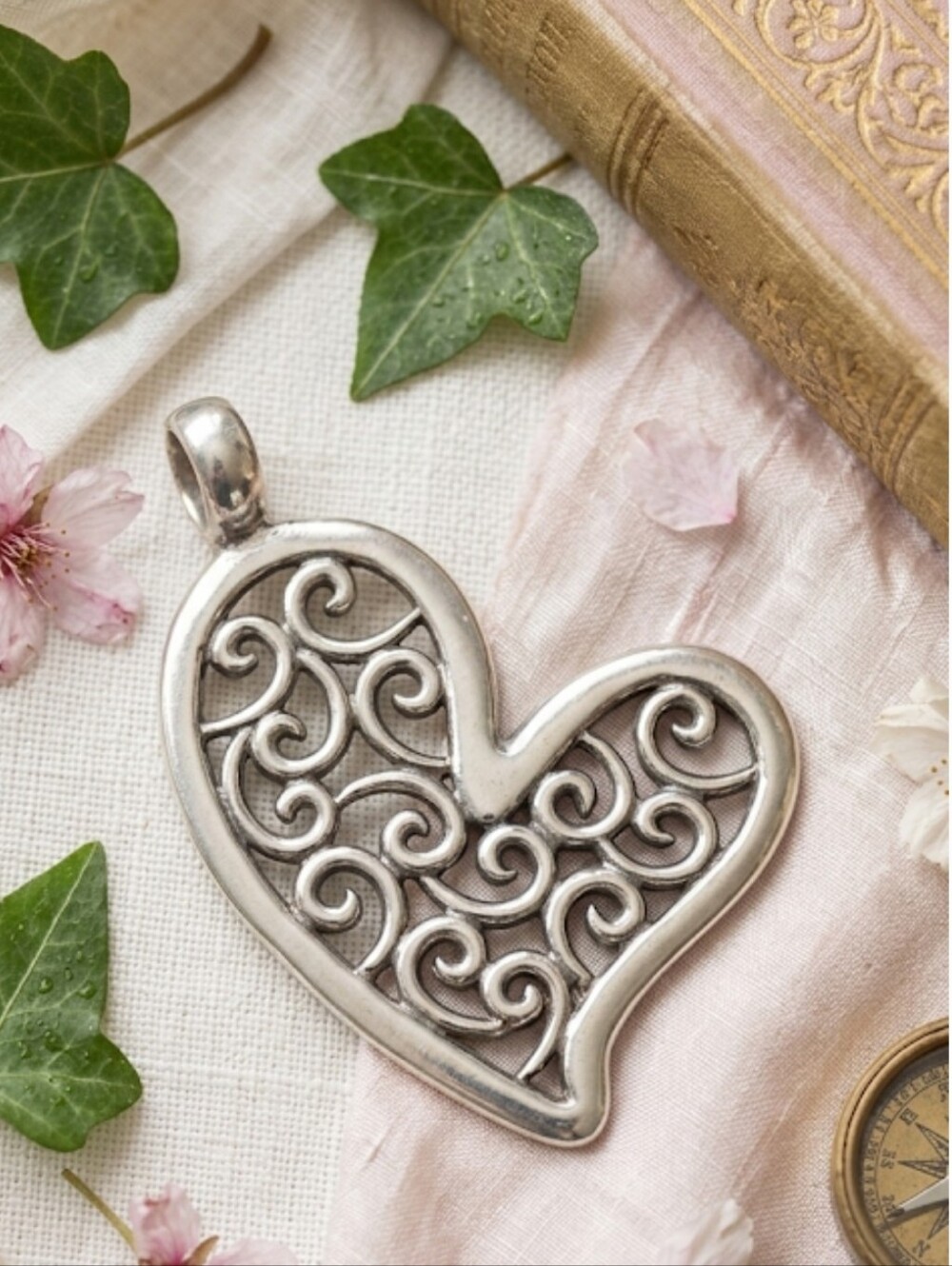 925 Sterling Silver-Statement Piece! Heart Filigree Necklace Pendant-9.5g
